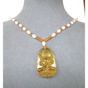 Amber Buddha Pendant Necklace With Beaded Chain 24"